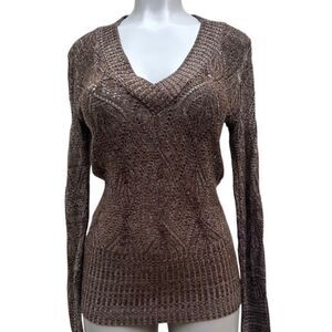Liv Pullover Sweater Women's Medium Brown Heather Pointelle Knit V-neck